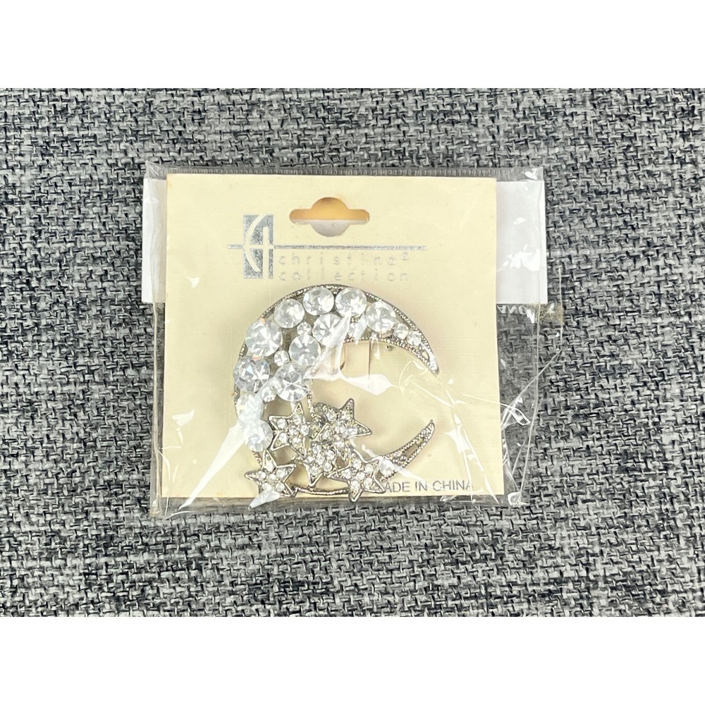 Christina Collection Silver Tone Rhinestone Crescent Moon and Stars Brooch Pin